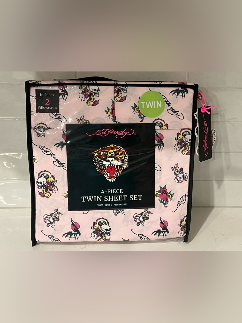 ED HARDY Twin Pink Sheet Set 4pc New Skull Dragon Bunny Bats Heart Grunge Y2K